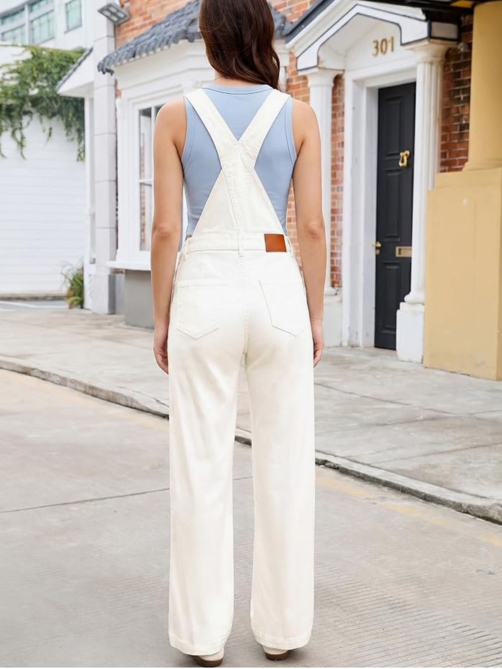 Luvamia Women's Cream Denim Overalls with Adjustable Cross Straps